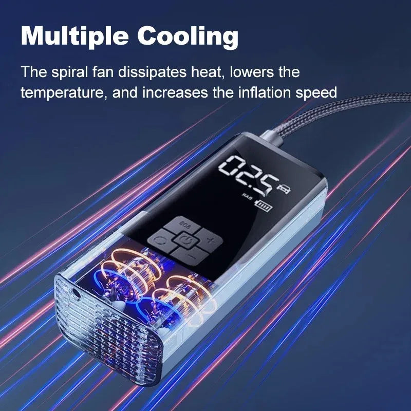 portable tire inflator with fan for heat dissipaion