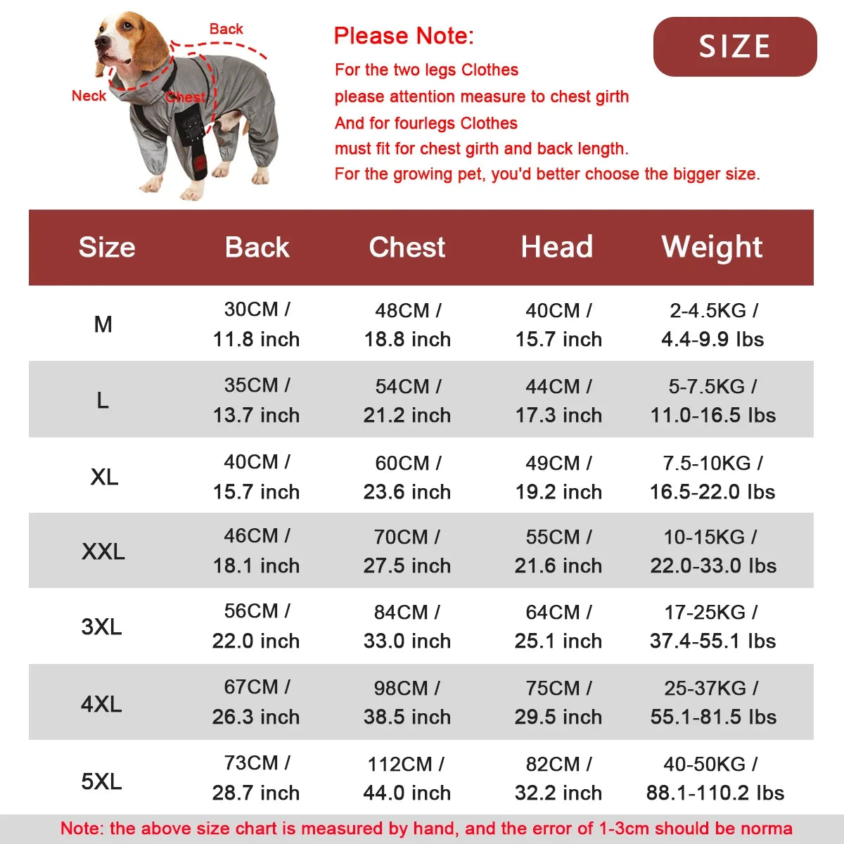 Dog clothing size chart with measurements and weight ranges.