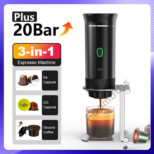 Black 3-in-1 espresso machine with a glass of coffee and capsule options on a white background.