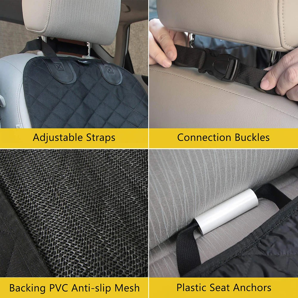 Car front seat cover with adjustable straps, connection buckles, PVC anti-slip mesh backing, and plastic seat anchors.