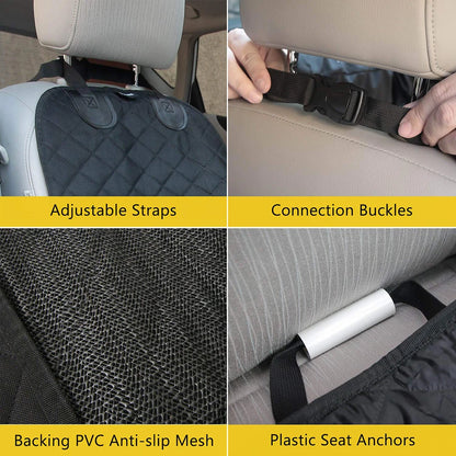 Car front seat cover with adjustable straps, connection buckles, PVC anti-slip mesh backing, and plastic seat anchors.