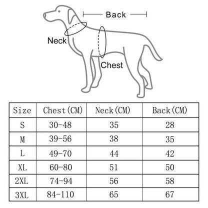 Diagram of size chart for dog coats.