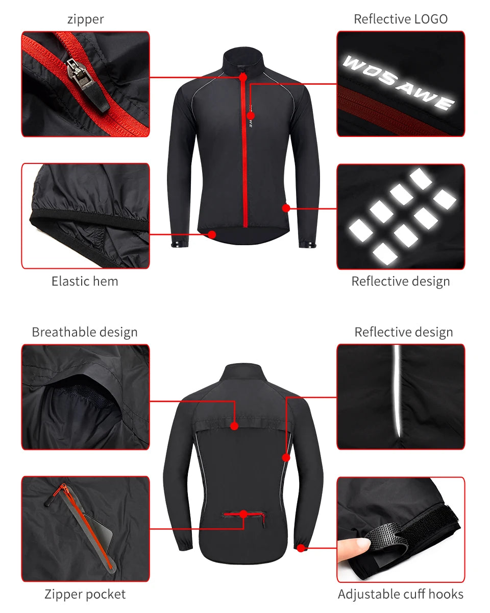 WOSAWE Men Windproof Waterproof Reflective Cycling Jacket MTB Bicycle Long Sleeve Windbreaker Sleeveless Vest Bike Coat Jersey