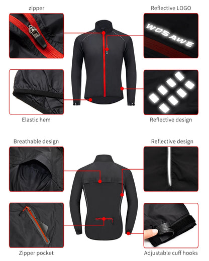 WOSAWE Men Windproof Waterproof Reflective Cycling Jacket MTB Bicycle Long Sleeve Windbreaker Sleeveless Vest Bike Coat Jersey