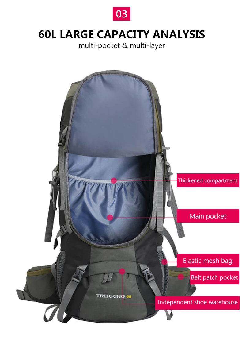 Men's 60L Large Hiking Mountaineering Backpack Climbing Hiking Backpack Camping Backpack Sport Outdoor Rucksack Bag  XA108Y