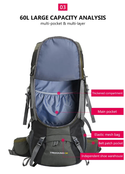 Men's 60L Large Hiking Mountaineering Backpack Climbing Hiking Backpack Camping Backpack Sport Outdoor Rucksack Bag  XA108Y