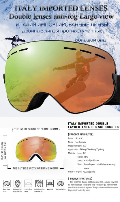 ELAX BRAND NEW Double Layers Anti-Fog Ski Goggles Snow Snowboard Glasses Snowmobile Eyewear Outdoor Sport Googles