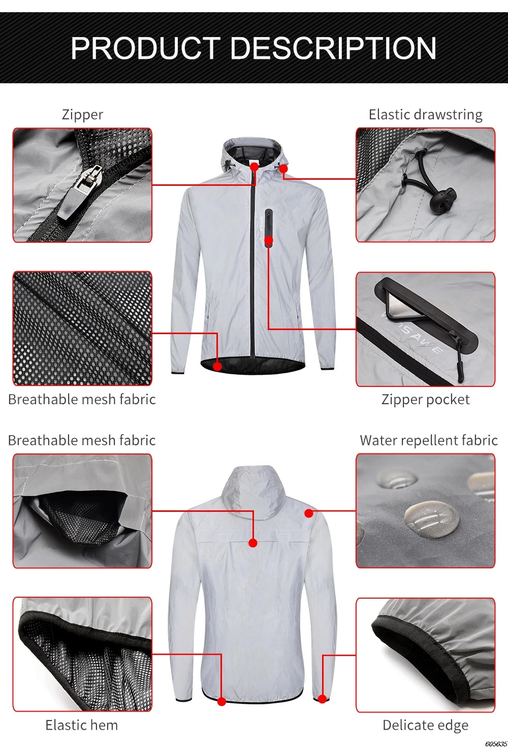 WOSAWE Men's Fully Reflective Jacket Outdoor Lightweight Windbreaker MTB Bike Hooded Rain Jacket Running Fishing Cycling Coat