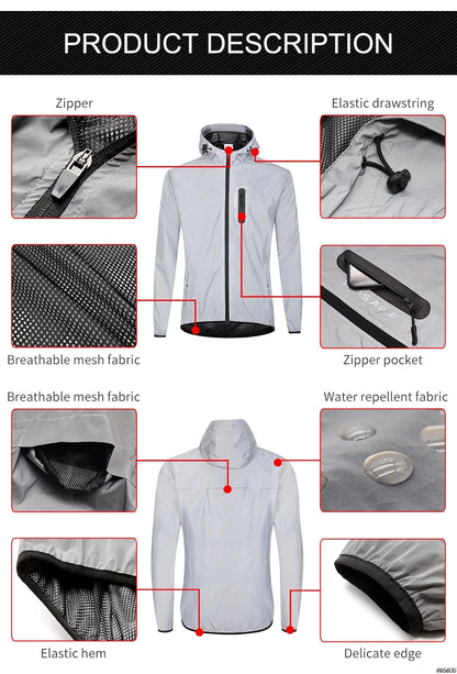 WOSAWE Men's Fully Reflective Jacket Outdoor Lightweight Windbreaker MTB Bike Hooded Rain Jacket Running Fishing Cycling Coat