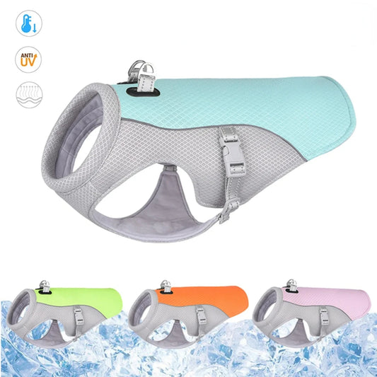 Pet cooling vest with multiple color options.
