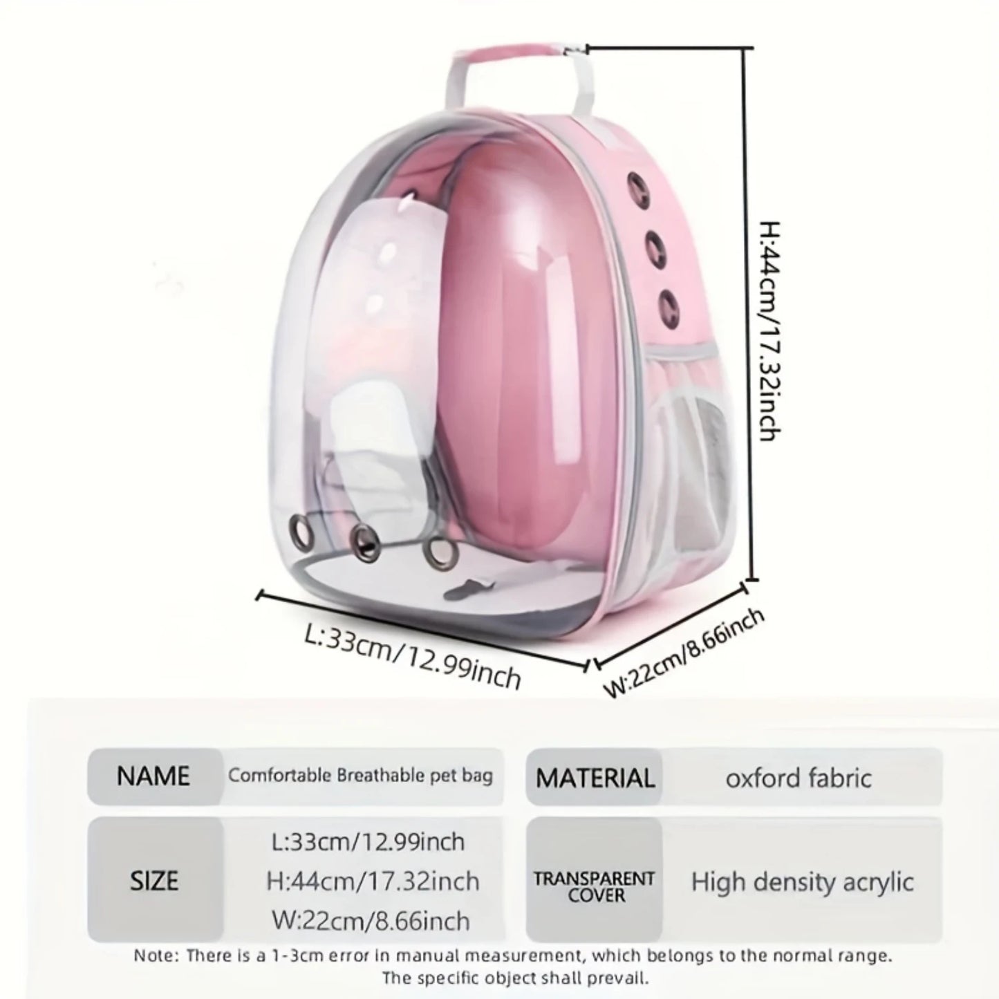 Pink pet carrier with measurements and material details