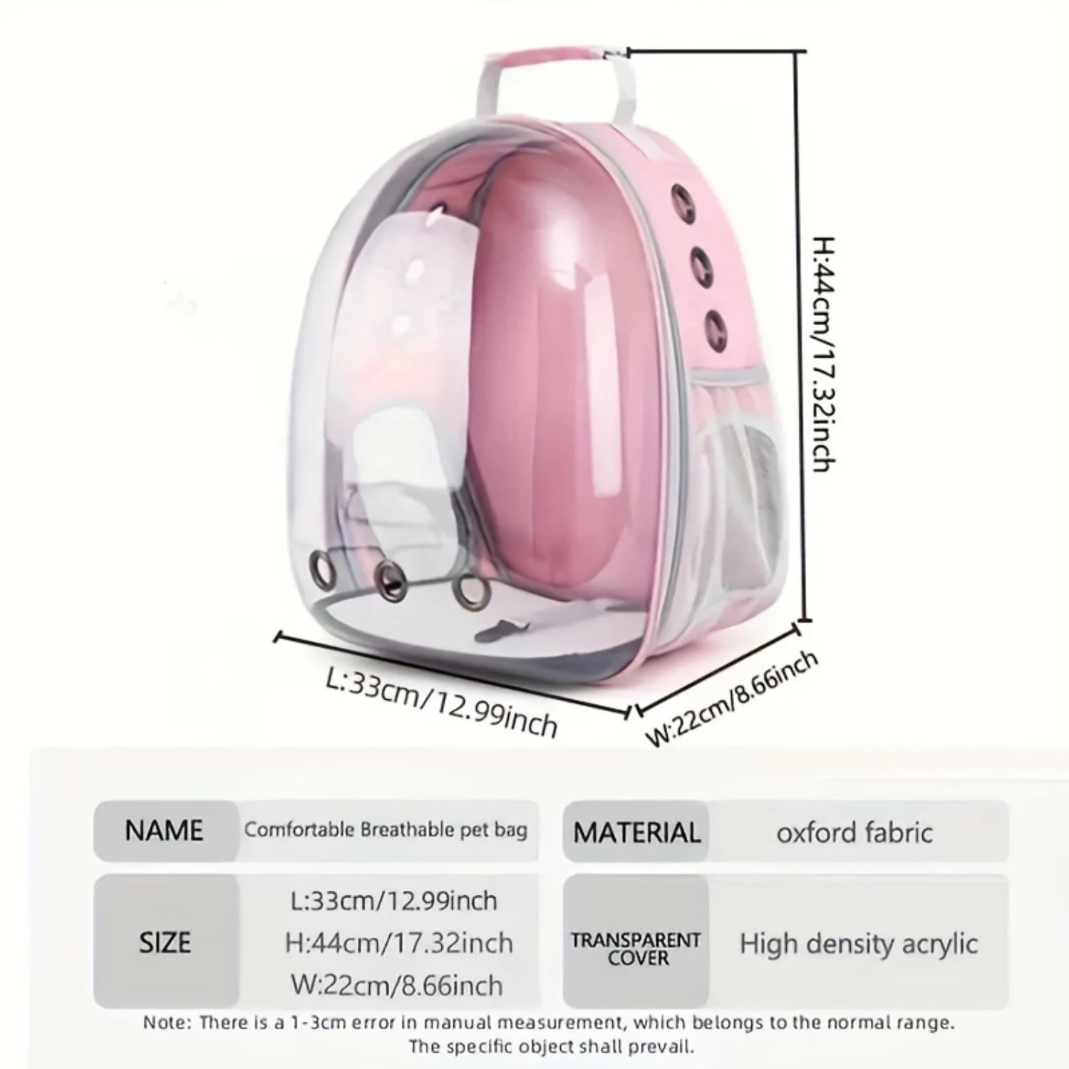 Pink pet carrier with measurements and material details