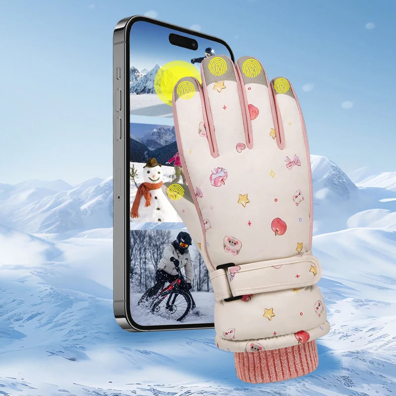 Cute Women's Ski Gloves For Warmth And Protection, With Fleece Lining, Touchscreen Design, And Waterproof Winter Outdoor Gloves.