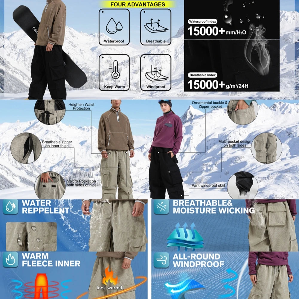 GSOU SNOW Winter Multi Pockets Ski Pants Men Loose Snow Pants Warm Windproof Skiing Trousers Outdoor Sports Breathable Britches