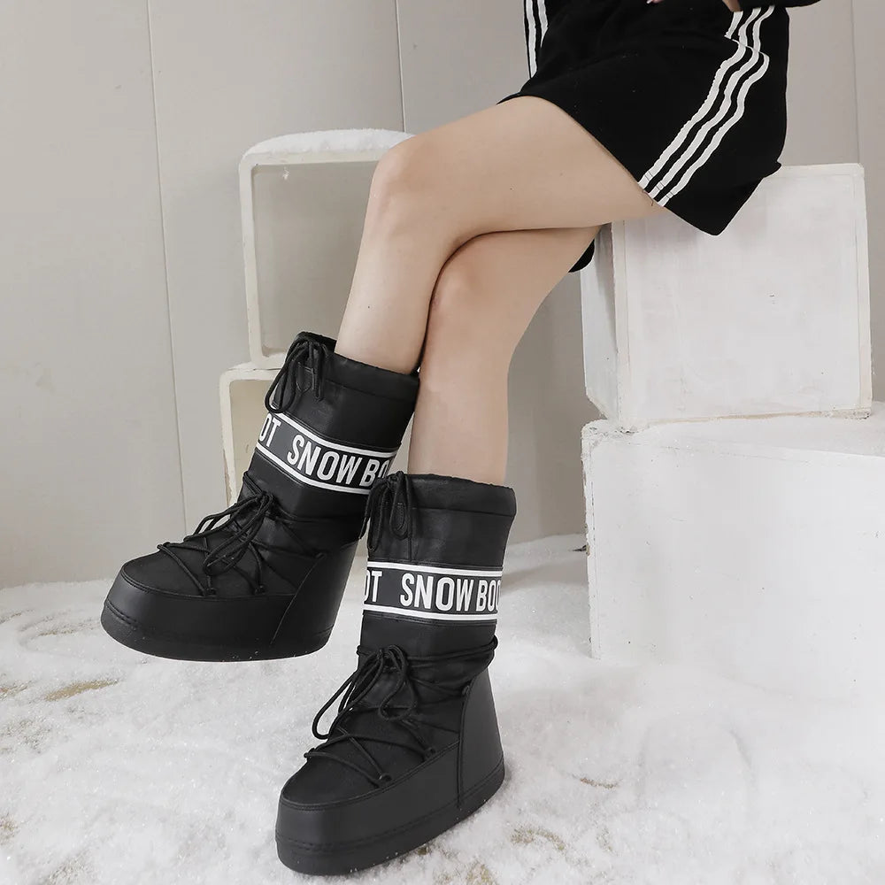 Winter Boots Women Snow Boots Mid-calf Cold-proof Antiskid Thicken Plush Waterproof Thick Platform Space Ski Boots Size 35-43