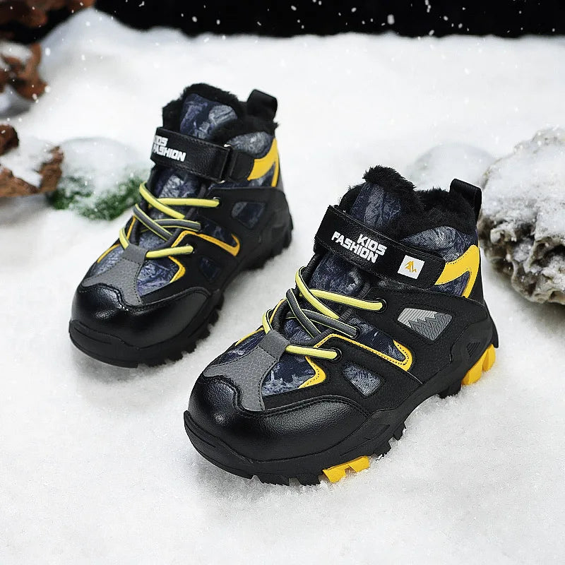 Winter Fur Hiking Shoes Kids Non-slip Claw Sports Shoes Outdoor Warm Velvet Snow Boots Children High Top Platform Sneakers Boys