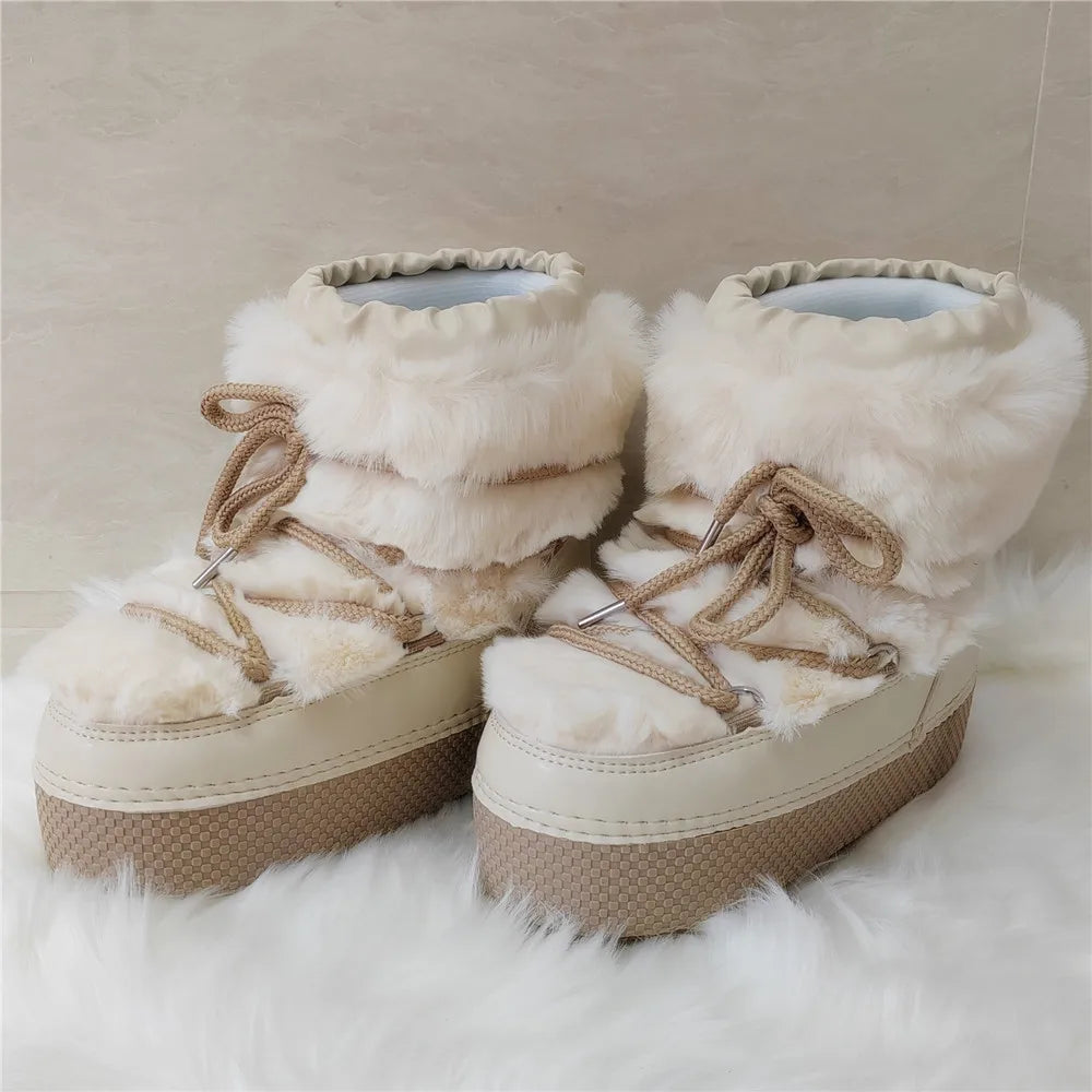 Women Platform Boots 2025 Winter Ski Boots Woman Non-slip PU Leather Waterproof Snow Boots Black Sponge Cotton Lined Ankle Boots