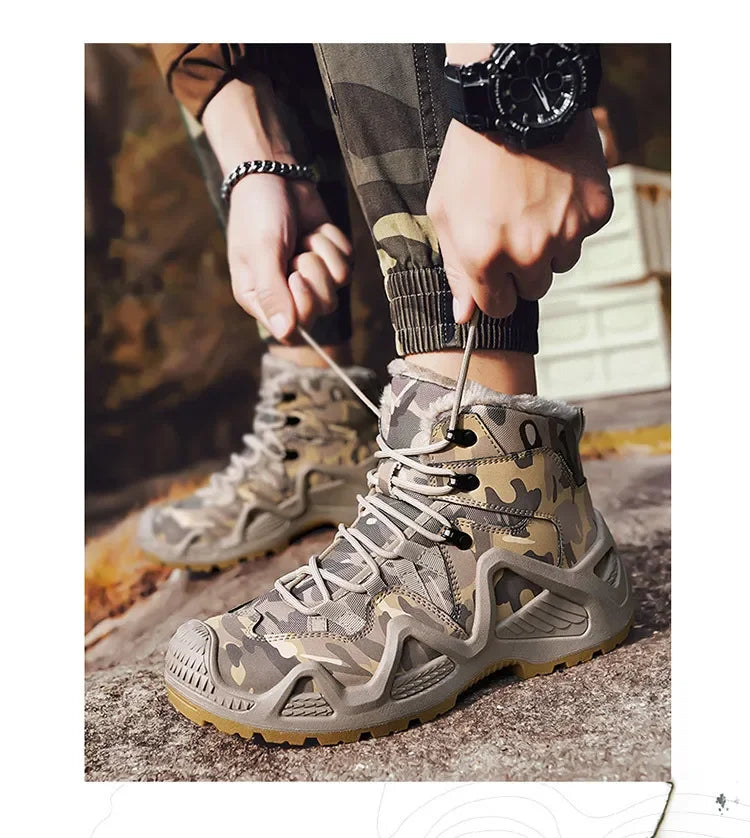 Cross-Border Autumn/Winter High-Top Men's Outdoor Non-Slip Climbing Boots Plus Size Thickened Warm Cotton Shoes Fleece-Lined
