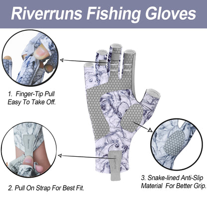 Riverruns Fingerless Fishing Gloves are designed for Men and Women Fishing, Boating, Kayaking, Hiking, Running, Cycling