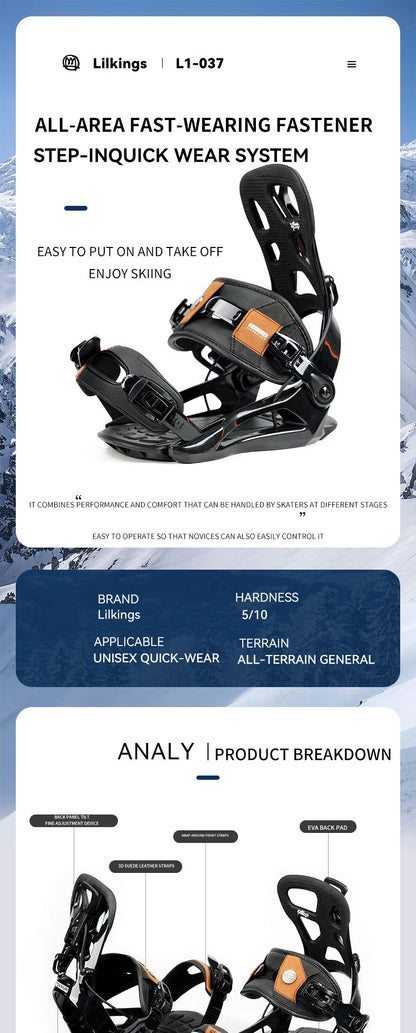 LILKINGS L1 Snowboard Bindings Quick Step-in SP System EVA Shock Absorption Leather Straps for Beginner Intermediate Riders