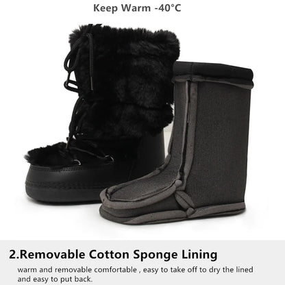 2025 Winter Snow Boots Women Ski Boots Luxury Fluffy Furry Fur Boots Female Rivets Warm Waterproof Platform Black Cotton Boots
