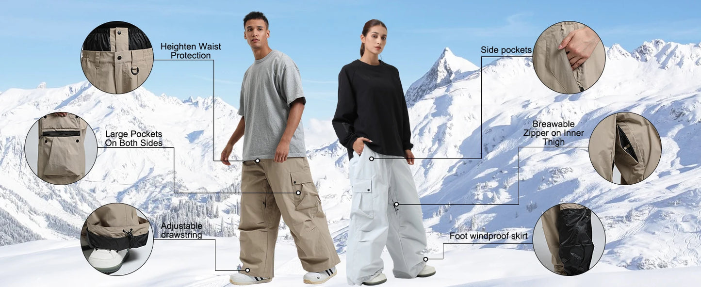GSOU SNOW Super Baggy Snowboard Pants Men Waterproof Windproof Sports Clothes Insulated Loose Fit Ski Trousers for Cold Weather