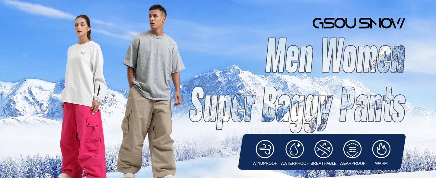 GSOU SNOW Super Baggy Snowboard Pants Men Waterproof Windproof Sports Clothes Insulated Loose Fit Ski Trousers for Cold Weather