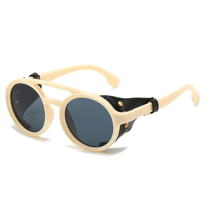 Retro Round Sunglasses Men Women - Vintage Leather UV400 Anti-Wind Outdoor Sports Goggles