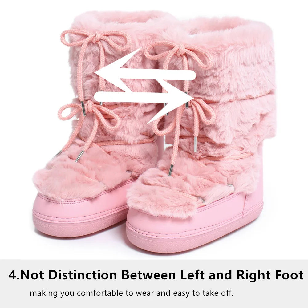 2025 Winter Boots for Women Snow Boots Brand Fluffy Furry Fur Lace Up Black Pink Platform Non-Slip Waterproof Ski Boots