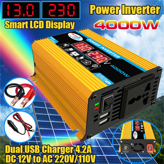 4000W Car Power Inverter DC 12V to AC 220V/110V Dual LCD Digital Display Voltage Transformer Car Charger Converter Adapter