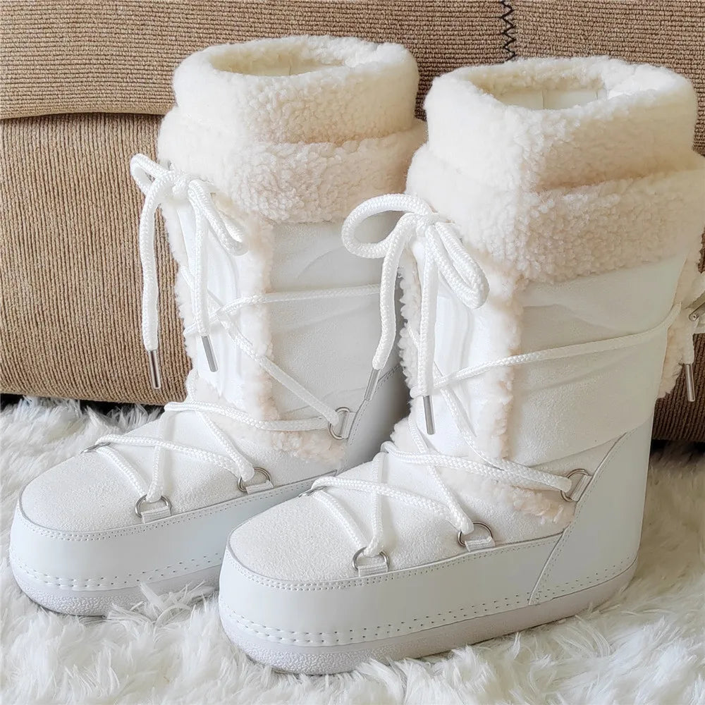 2025 Winter Snow Boots Women Boots Brand Design Fluffy Furry Fur Boots Waterproof Platform Non-slip Lace-up Mid-calf Ski Boots