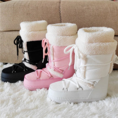 2025 Winter Snow Boots Women Boots Brand Design Fluffy Furry Fur Boots Waterproof Platform Non-slip Lace-up Mid-calf Ski Boots