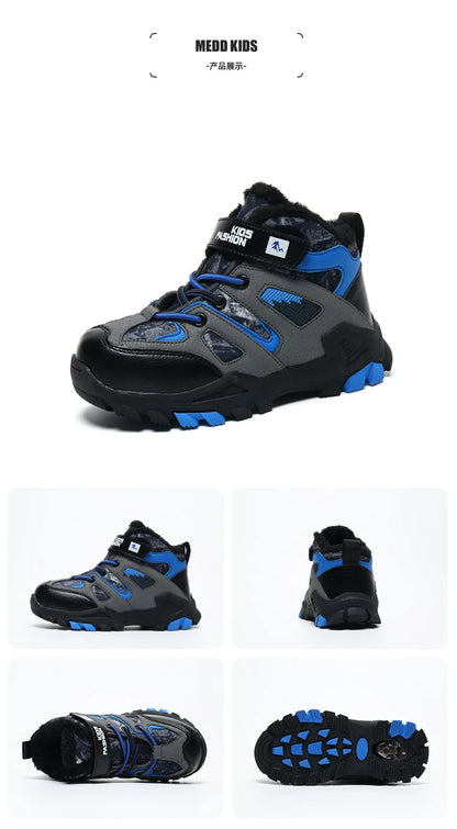 Winter Fur Hiking Shoes Kids Non-slip Claw Sports Shoes Outdoor Warm Velvet Snow Boots Children High Top Platform Sneakers Boys