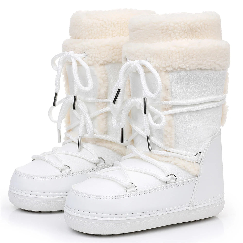 2025 Winter Snow Boots Women Boots Brand Design Fluffy Furry Fur Boots Waterproof Platform Non-slip Lace-up Mid-calf Ski Boots
