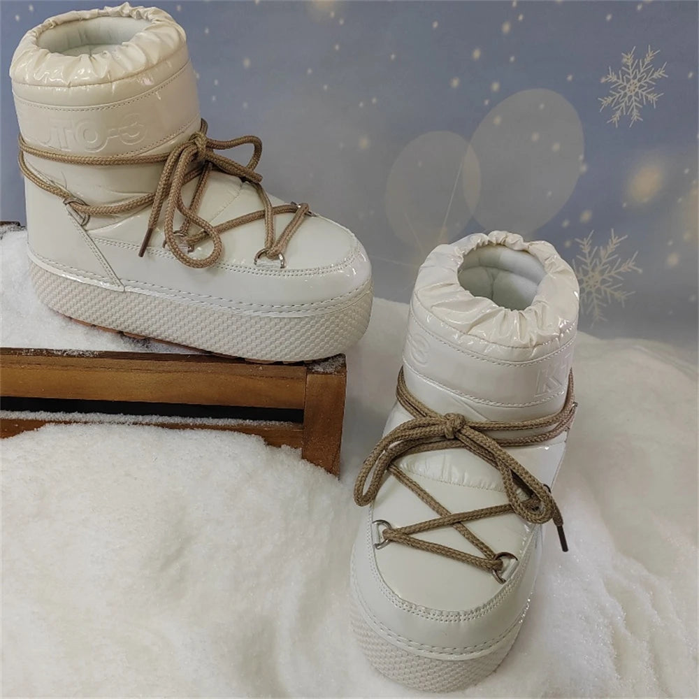 Women Platform Boots 2025 Winter Ski Boots Woman Non-slip PU Leather Waterproof Snow Boots Black Sponge Cotton Lined Ankle Boots