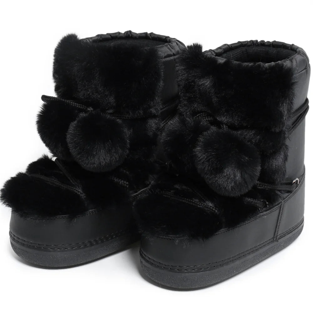 2025 Winter Snow Boots Women Boots Brand Design Fluffy Furry Fur Boots Waterproof Platform Non-slip Lace-up Mid-calf Ski Boots