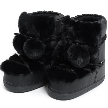 2025 Winter Snow Boots Women Boots Brand Design Fluffy Furry Fur Boots Waterproof Platform Non-slip Lace-up Mid-calf Ski Boots