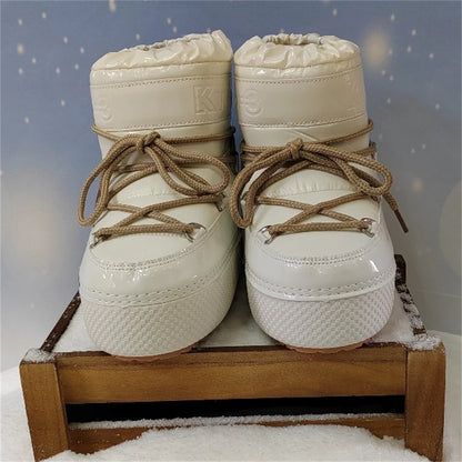 Women Platform Boots 2025 Winter Ski Boots Woman Non-slip PU Leather Waterproof Snow Boots Black Sponge Cotton Lined Ankle Boots