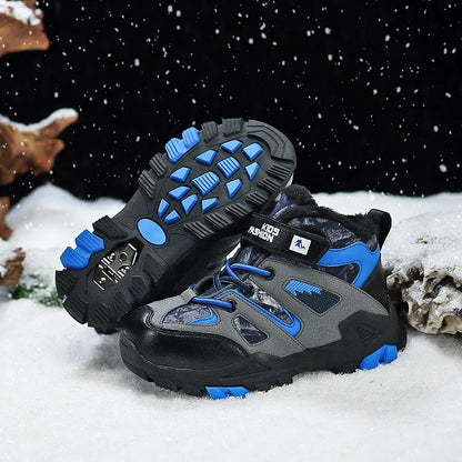 Winter Fur Hiking Shoes Kids Non-slip Claw Sports Shoes Outdoor Warm Velvet Snow Boots Children High Top Platform Sneakers Boys