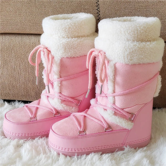 2025 Winter Snow Boots Women Boots Brand Design Fluffy Furry Fur Boots Waterproof Platform Non-slip Lace-up Mid-calf Ski Boots