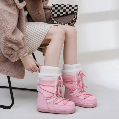 2025 Winter Snow Boots Women Boots Brand Design Fluffy Furry Fur Boots Waterproof Platform Non-slip Lace-up Mid-calf Ski Boots