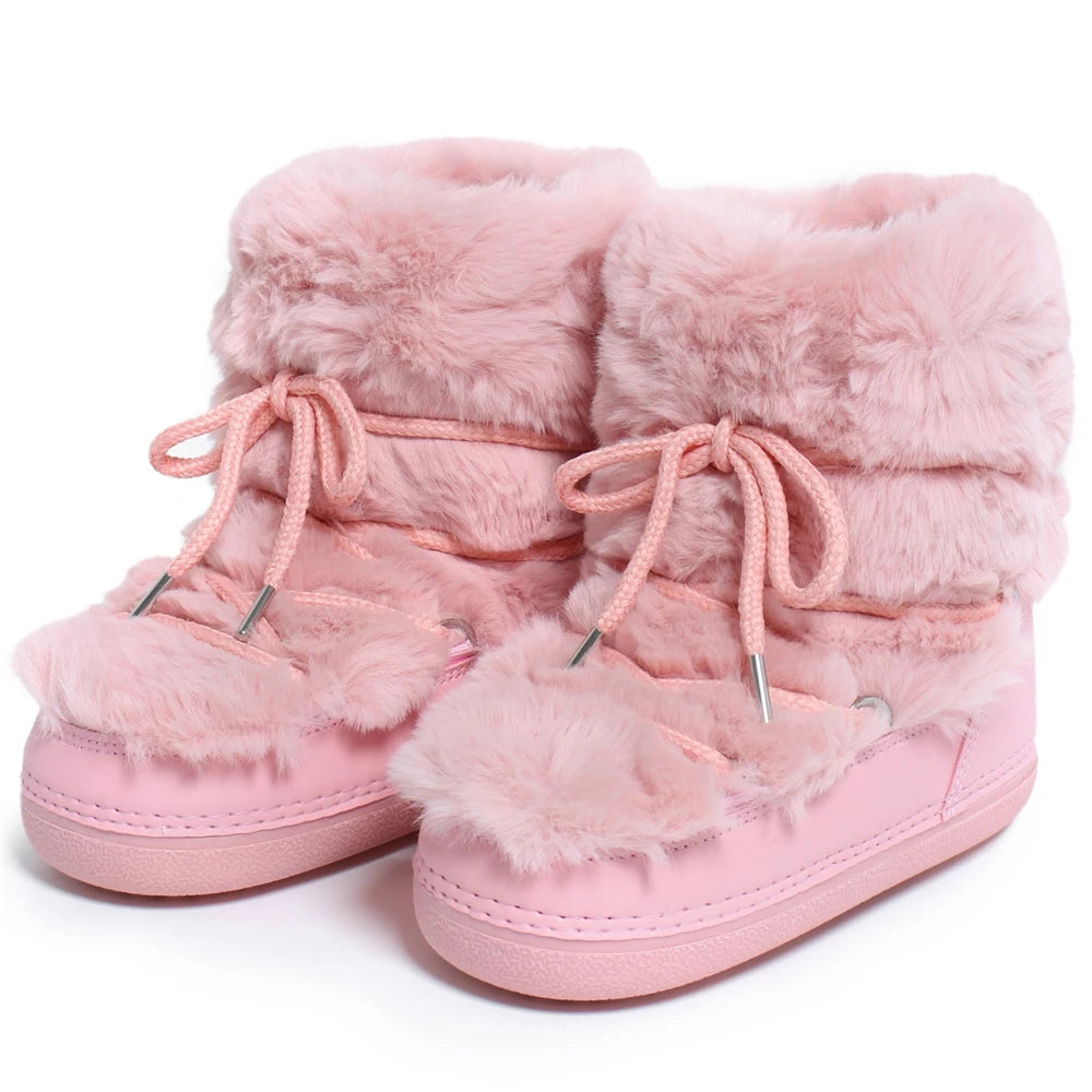 2025 Winter Snow Boots Women Ski Boots Luxury Fluffy Furry Fur Boots Female Rivets Warm Waterproof Platform Black Cotton Boots