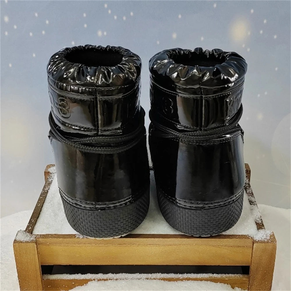 Women Platform Boots 2025 Winter Ski Boots Woman Non-slip PU Leather Waterproof Snow Boots Black Sponge Cotton Lined Ankle Boots