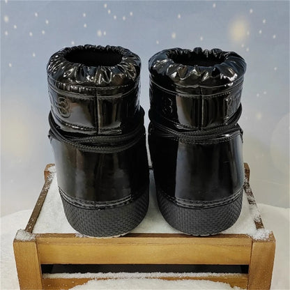 Women Platform Boots 2025 Winter Ski Boots Woman Non-slip PU Leather Waterproof Snow Boots Black Sponge Cotton Lined Ankle Boots