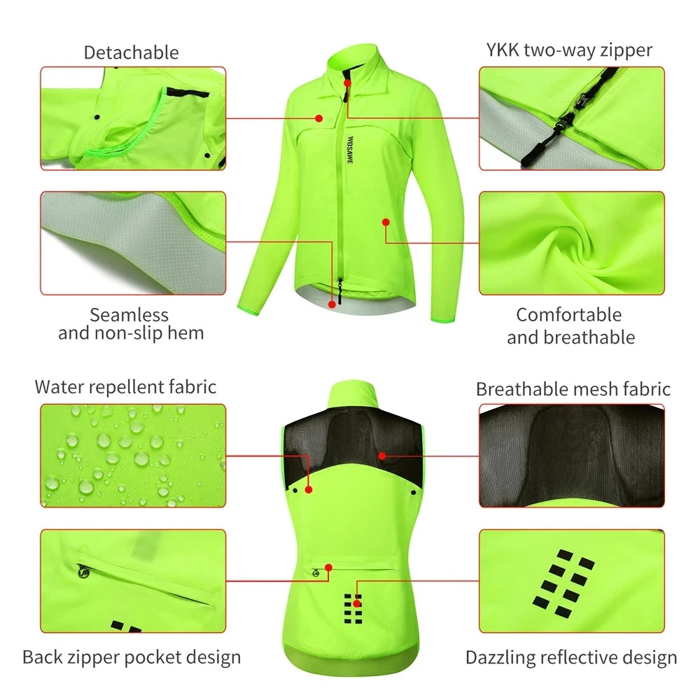 WOSAWE Women Windproof Waterproof Reflective Cycling Jacket MTB Bicycle Long Sleeve Windbreaker Sleeveless Vest Bike Coat