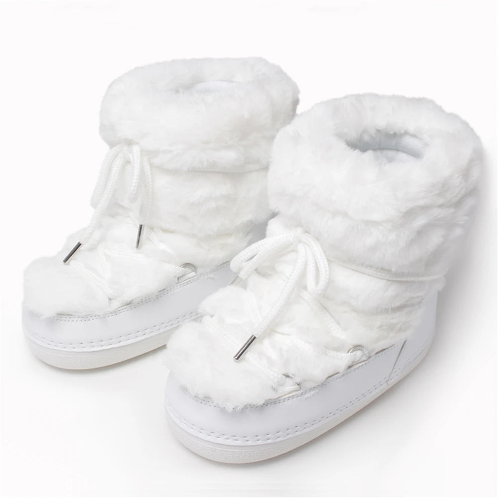 2025 Winter Snow Boots Women Boots Brand Design Fluffy Furry Fur Boots Waterproof Platform Non-slip Lace-up Mid-calf Ski Boots