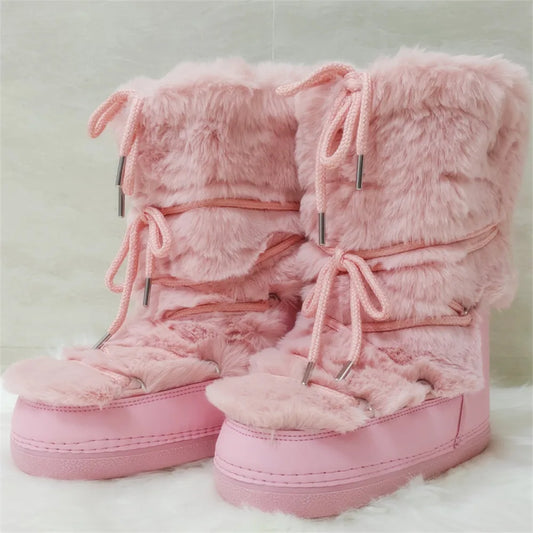2025 Winter Boots for Women Snow Boots Brand Fluffy Furry Fur Lace Up Black Pink Platform Non-Slip Waterproof Ski Boots