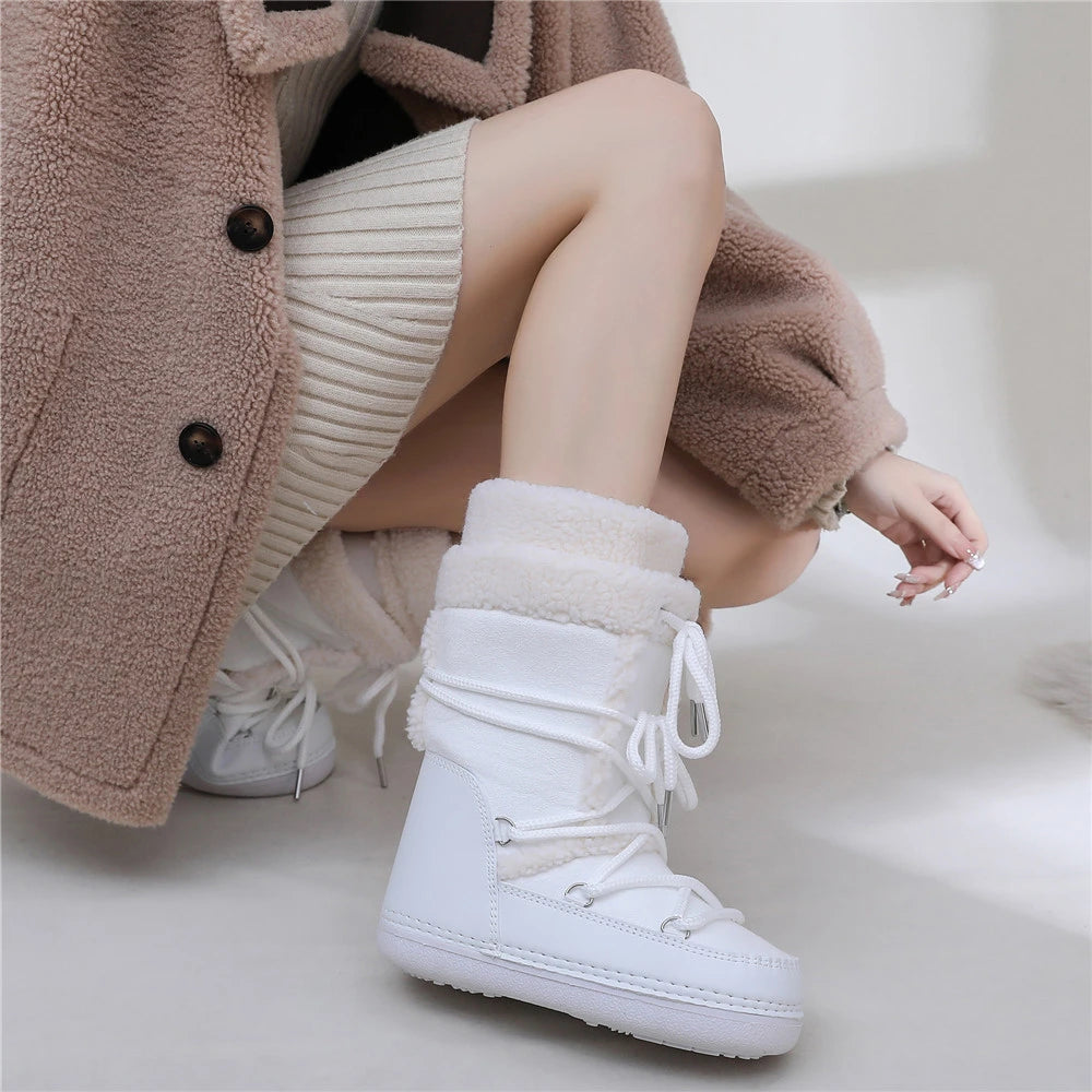 2025 Winter Snow Boots Women Boots Brand Design Fluffy Furry Fur Boots Waterproof Platform Non-slip Lace-up Mid-calf Ski Boots