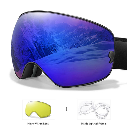 Anti-Fog SKI Goggles Snowboard Goggles UV400 with Night Vison Lens Men Women Teen Best Gift for Christmas and New Year