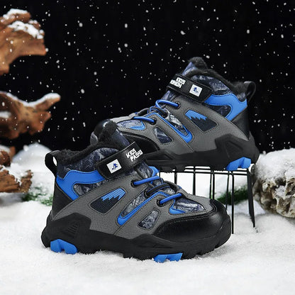 Winter Fur Hiking Shoes Kids Non-slip Claw Sports Shoes Outdoor Warm Velvet Snow Boots Children High Top Platform Sneakers Boys